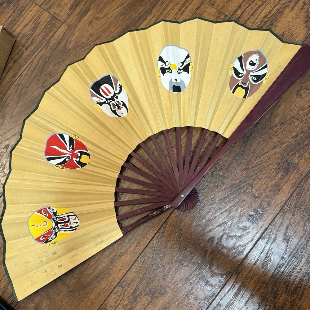 Japanese Kabuki Masks Hand Fan, Beautiful Asian Decor, Thick Sturdy Parchment V9